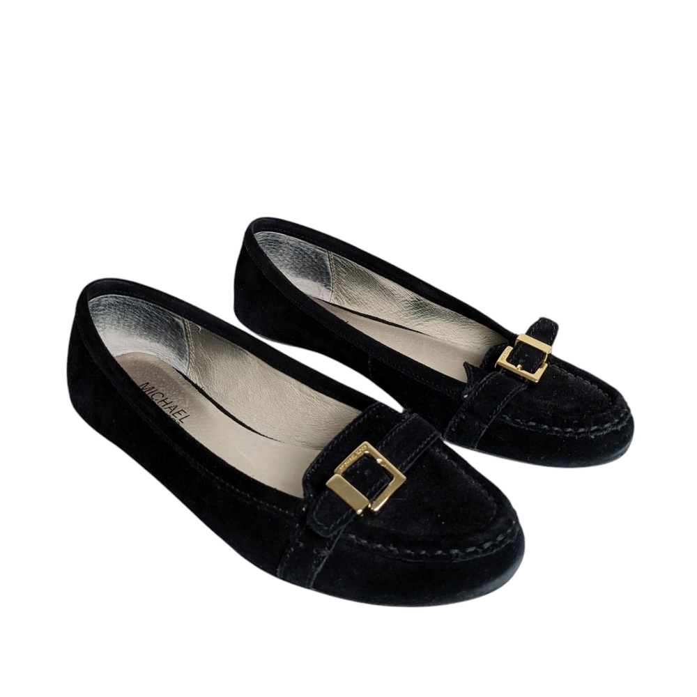 Michael Kors Rory Suede Leather Buckled Moccasin Flats Size 7.5 Black